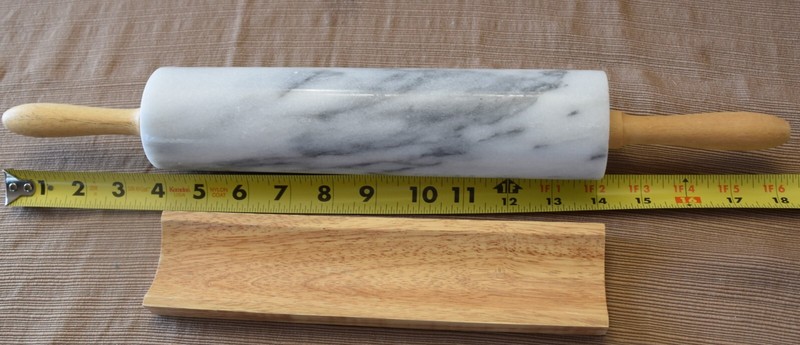 VINTAGE 18" MARBLE ROLLING PIN with WOODEN CRADLE STAND & WOOD HANDLES EUC! gallery