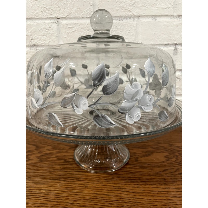 Glass Pedestal Cake Stand w Dome Lid Hand Painted Gray White Roses