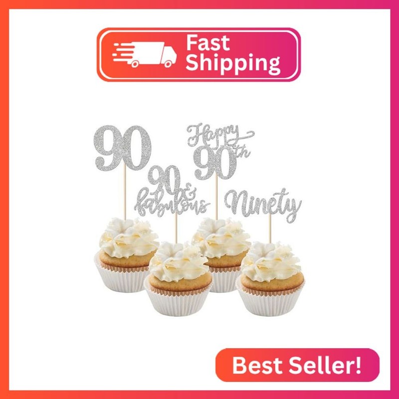 Rsstarxi 24 Pack Happy 90th Birthday Cupcake Toppers Glitter Ninety 90 Fabulous