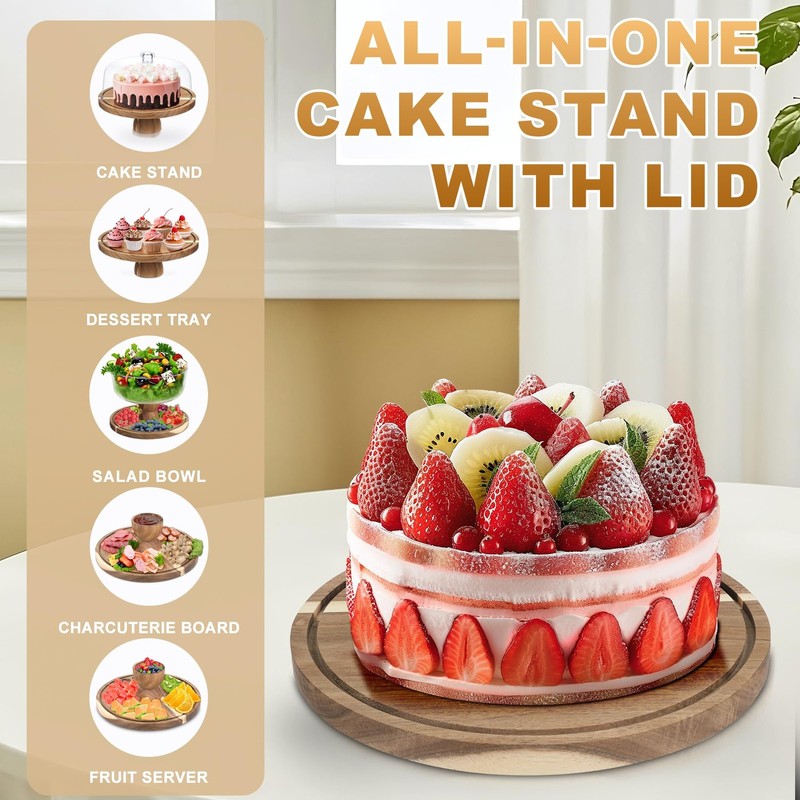 ASTROLIN Acacia Wood Cake Stand with Lid, 12'' Round Cake Holder with Clear A... gallery