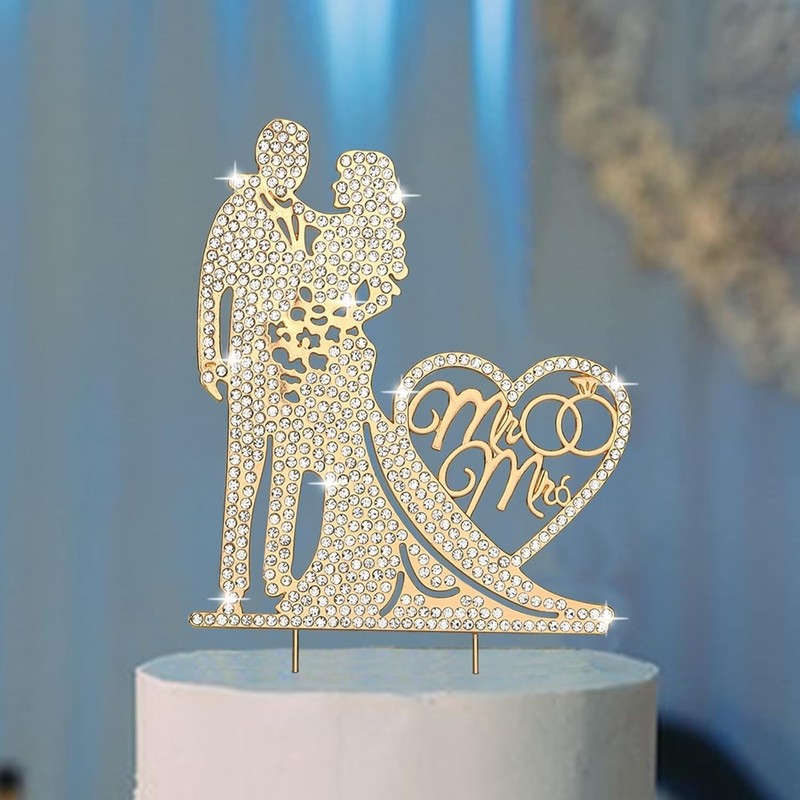 Wedding Cake Topper Gold Bride and Groom Cake Topper Rhinestone Heart Shape