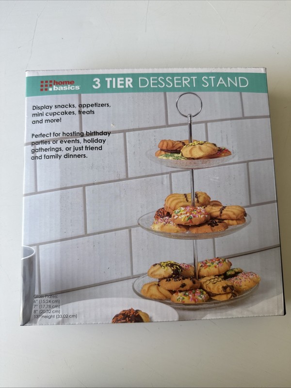 Home Basics 3 Tier Dessert Stand Glass Plates 6,7,8in. 13" Tall NIP gallery