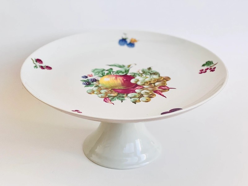 Vintage NAAMAN White Porcelain Footed Cake Pedestal Plate Fruit Design