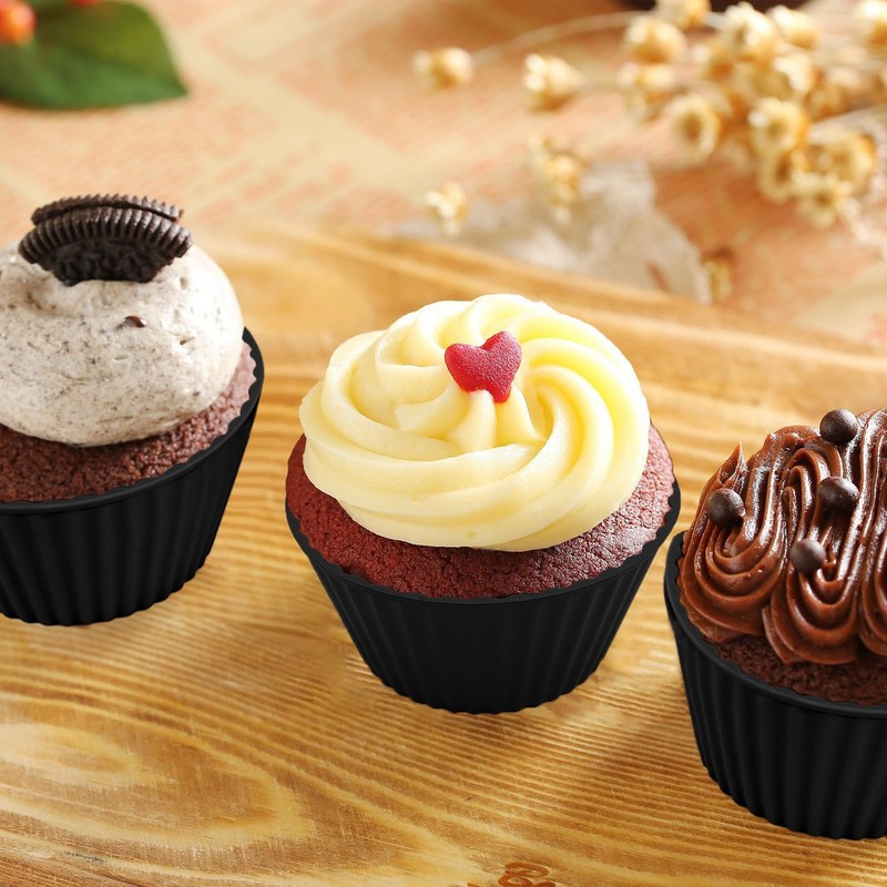 24 Pack Reusable Silicone Cupcake Liners Black 2.76 Inch Muffin Cups Non-Stick gallery