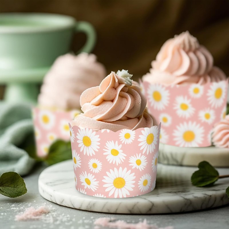 100 PCS Spring Daisy Flower Paper Baking Cups Pink White Floral Cupcake Liner gallery