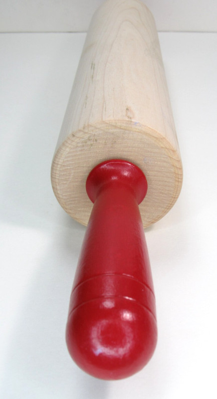 RARE King Arthur Flour Baking Wooden Maple Rolling Pin Wood Red Handles Kitchen gallery