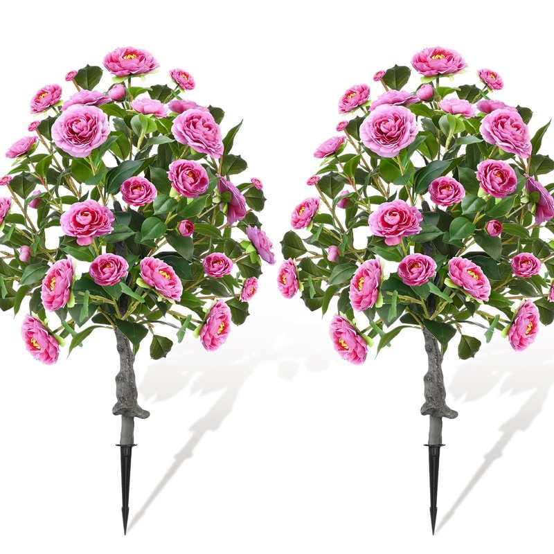 Lunmon 2 Pack 3Ft Artificial Camellia Plants Tree 36 Faux Camellia Flower Spike