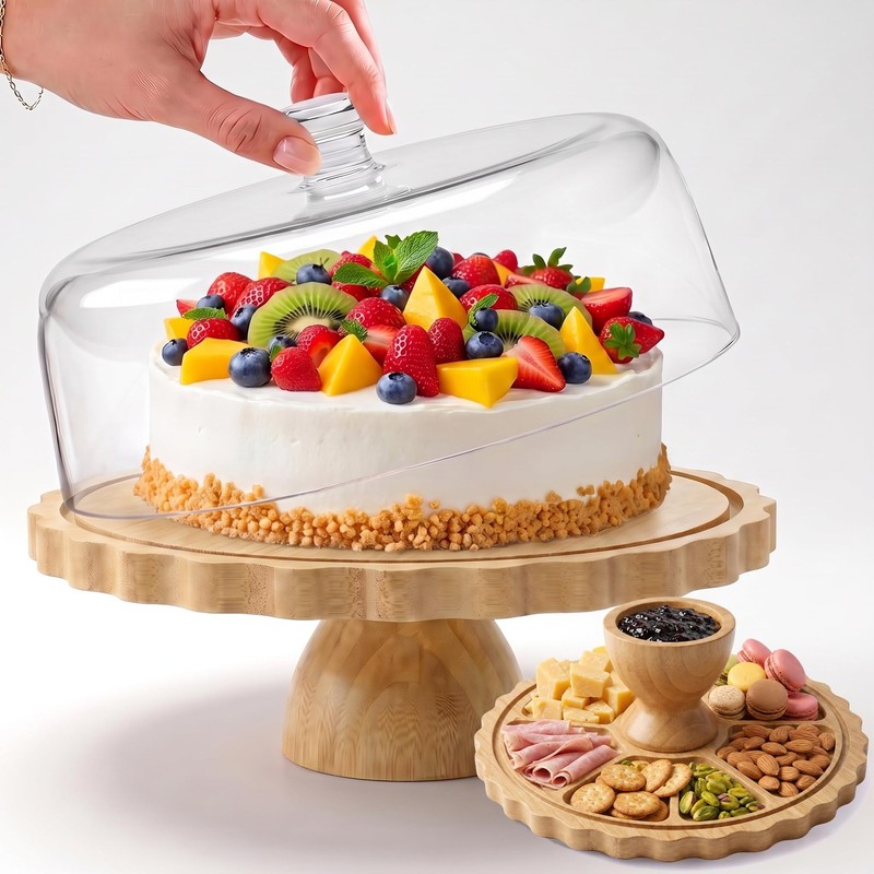 GOYLSER Bamboo Cake Stand with Lid, Round Cake Stand with Acrylic Dome, 2-In-…