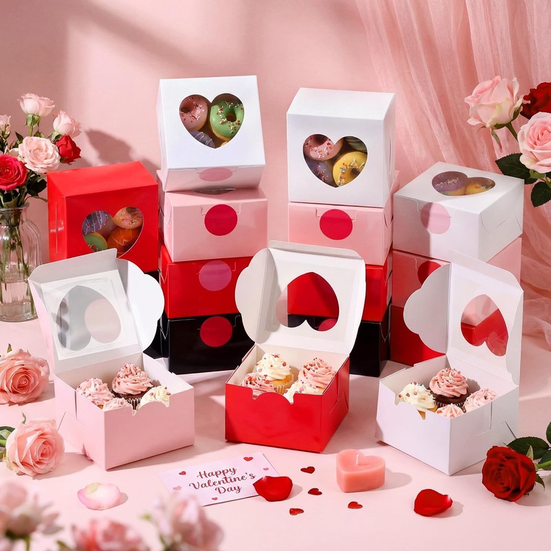 60 Pcs Cookie Boxes with Heart Window 4 x 4 x 2.5 Inch Bakery Cookie Cupcake ... gallery