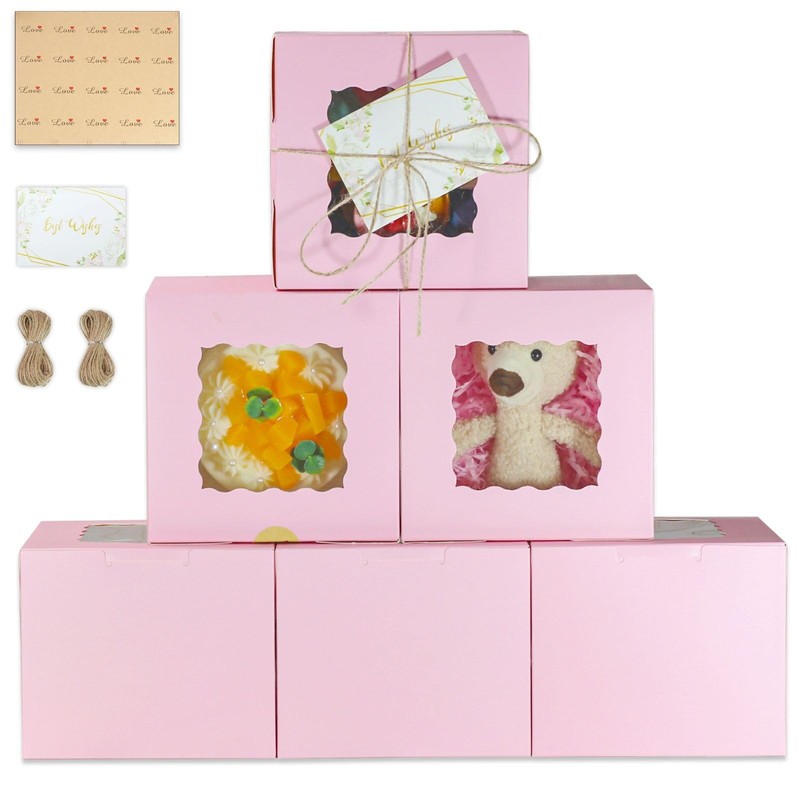12 Pack 6x6x5 Inch Cake Boxes with Window Pink Bakery Carriers for Bento