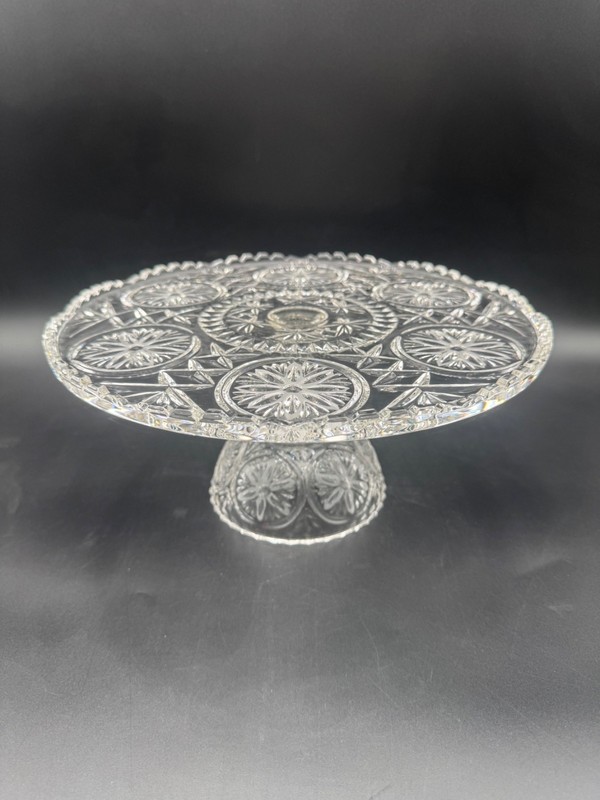 Crystal d’Arlene Zajecar Cut Glass Clear Cake Stand Sawtooth Edge 5″ x 11″ VTG