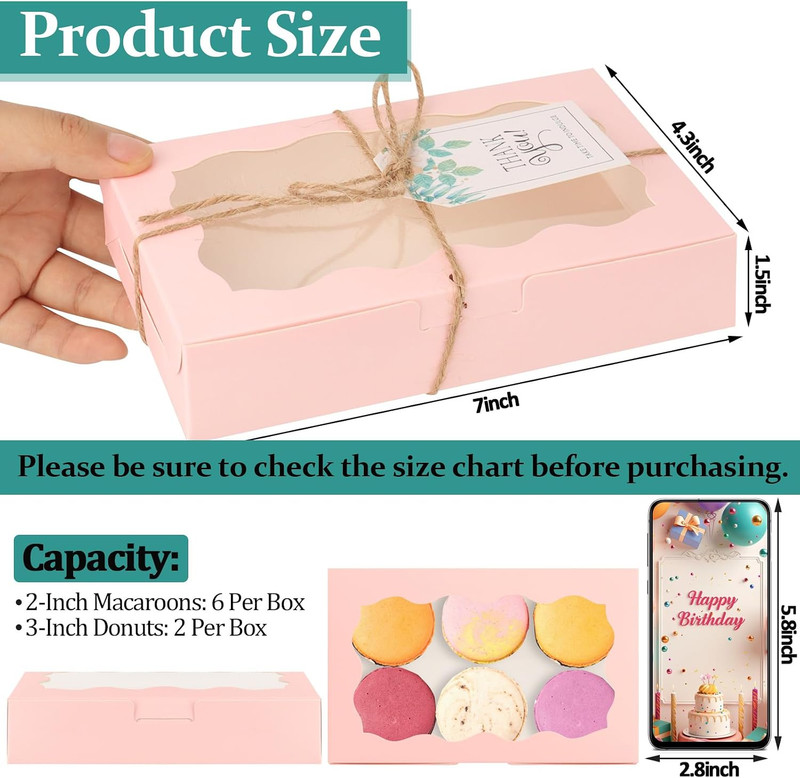 40 Pack Cookie Boxes with Clear Window, 7 X 4 3/8 X 1½ Inch Small Pink Kraft Can gallery