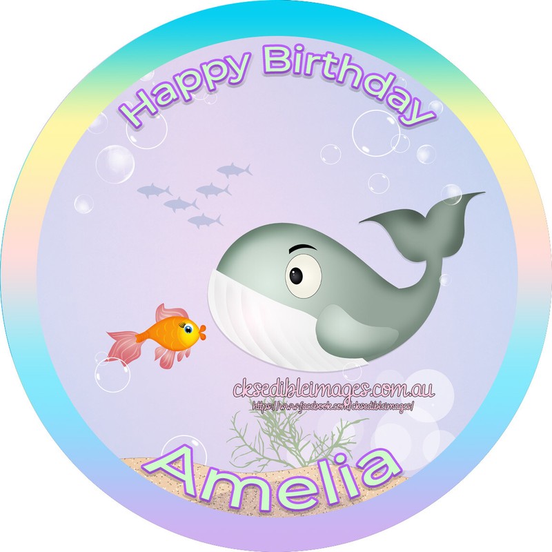 Cute whale Custom Edible Image Cake Icing Topper 5-8 Inches Diameter