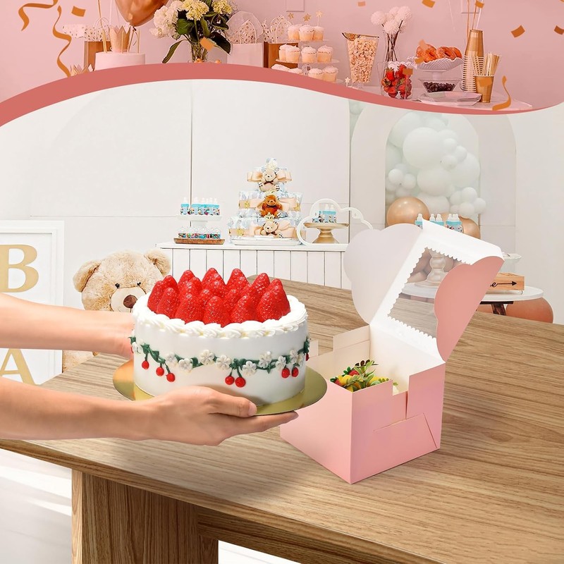 20Pcs Mini Cake Boxes with Window, 6x6x5 Inches Pink Bakery Boxes, Small 4 Cu... gallery