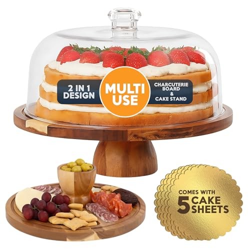 Linda’s Essentials Acacia Wood Cake Stand with Lid (Acrylic) 12 Inch Round