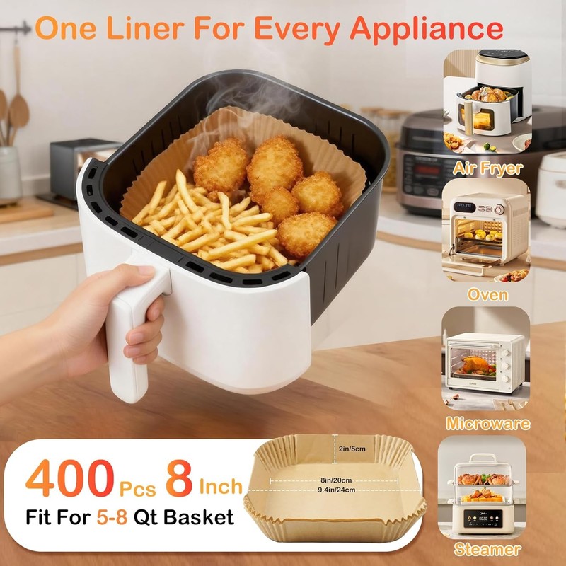400 Pcs Air Fryer Liners Disposable, 8” Square Unbleached Heavy Duty Air gallery
