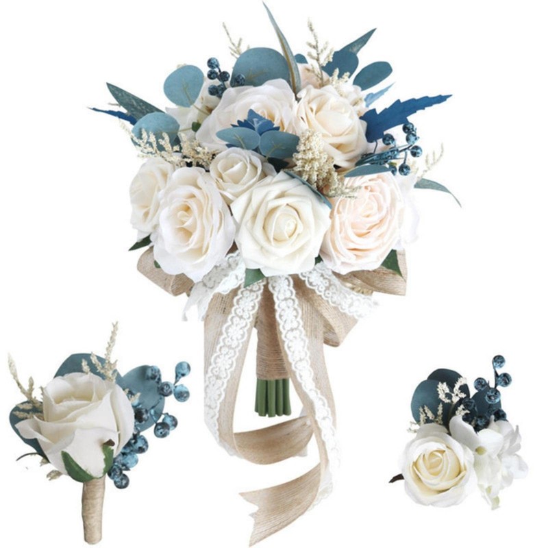 Mojun Bride Bouquet Wrist Corsage Groom Boutonniere Set Artificial Rose Wedding