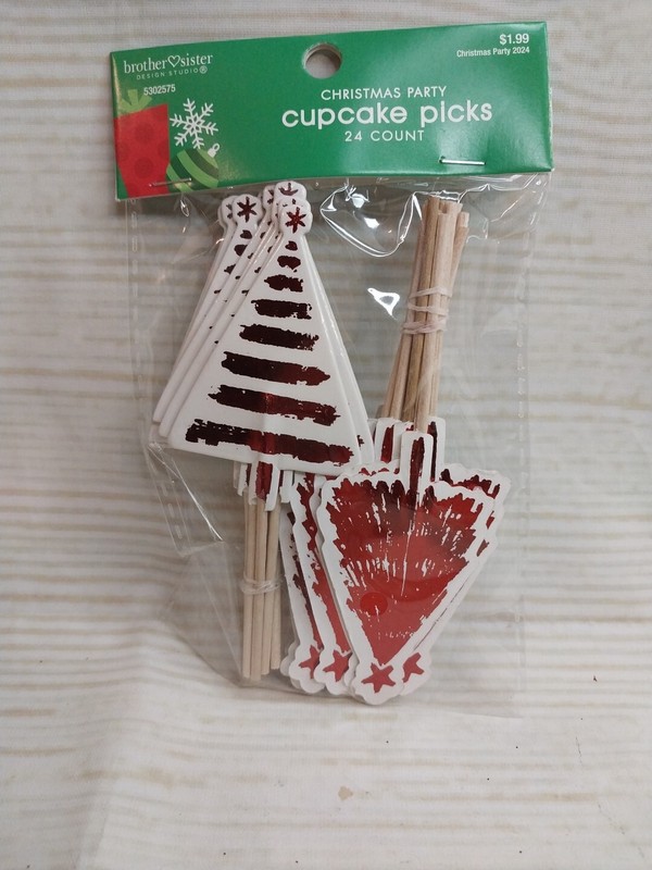 New 24 Red Foil Metallic Christmas Tree Cupcake Topper Picks Holiday Party Bake