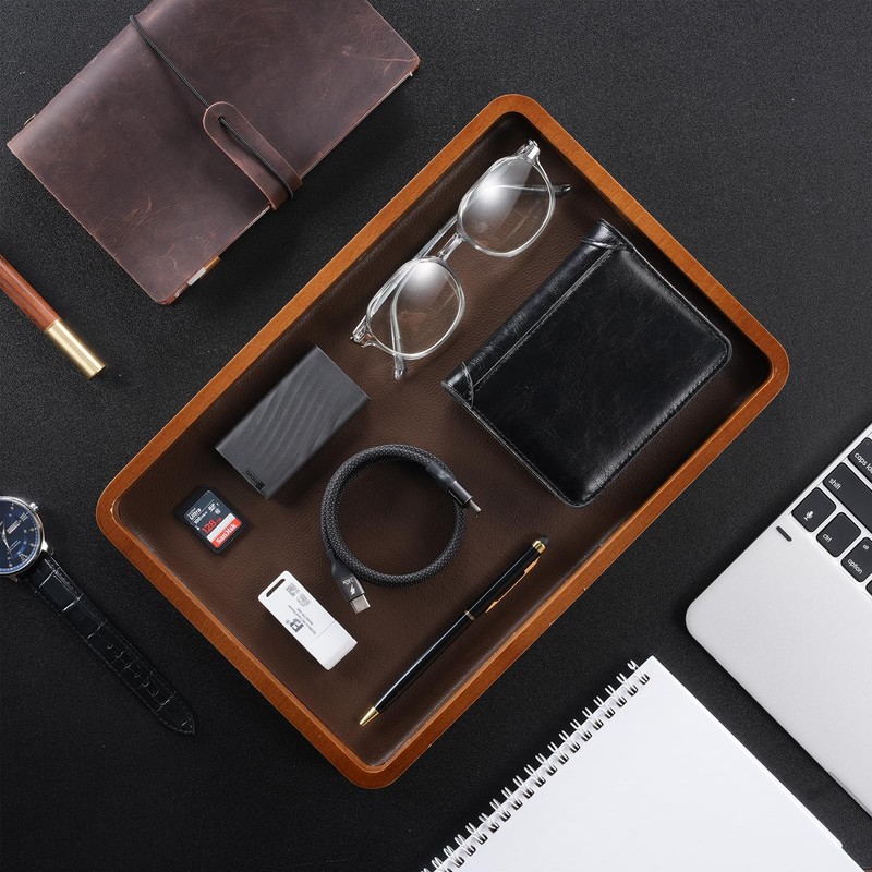 ProCase Wooden Valet Tray for Men, Wood Catch-All EDC Organizer, Dark Brown gallery