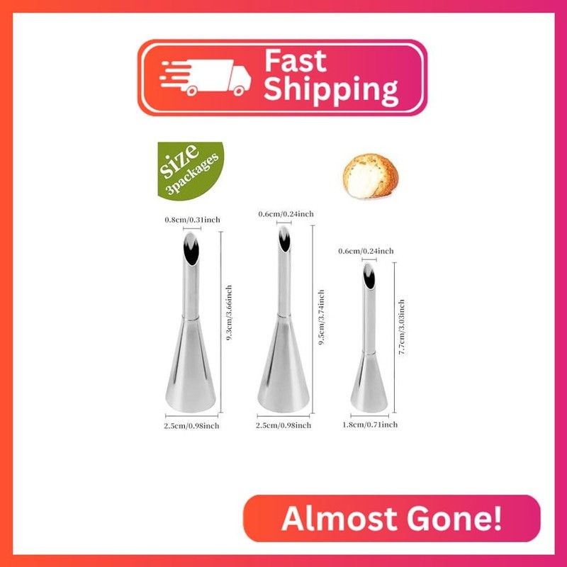 QUJUFIND 3Pcs Cream Icing Piping Nozzle Tips,Stainless Steel Long Cream Puff Noz gallery