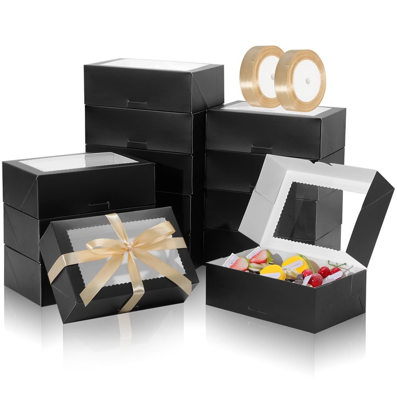 30Pcs Cookie Boxes with Ribbons, 9x6x3 Inch Bakery Boxes with Window, Black T…
