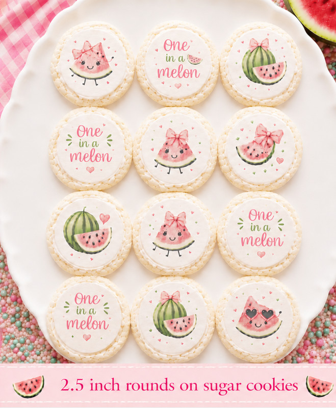 12 count One in a Melon edible wafer paper image rounds, PRE CUT choose sz