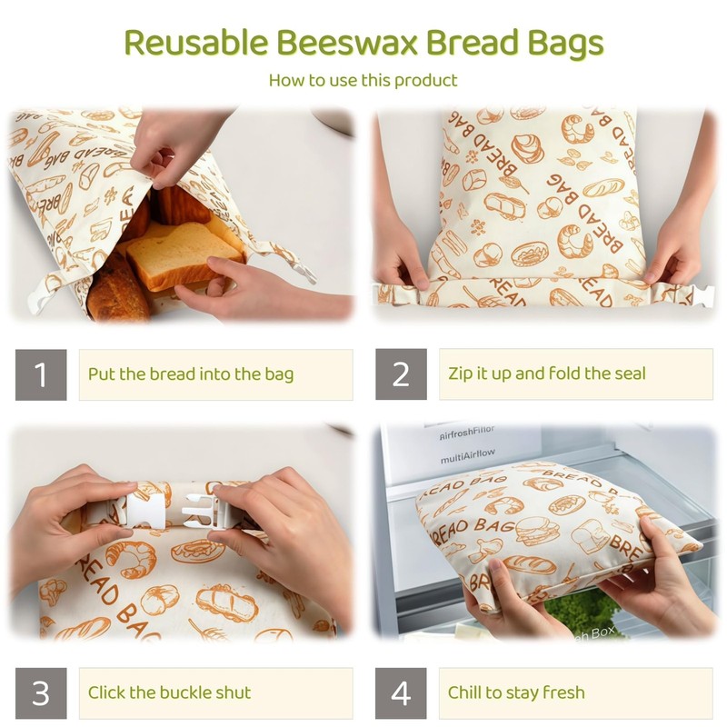 2 Pack XL Beeswax Bread Bags with Zipper Seal – Reusable Cotton Linen Waxed B... gallery