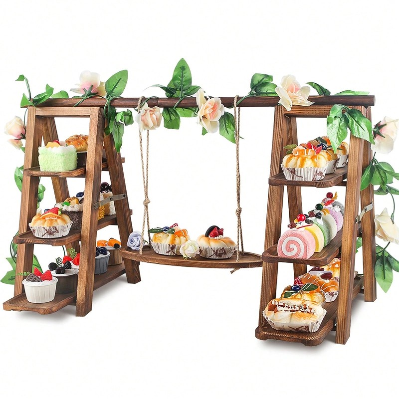 Wooden 3 Tier Cupcake Stand Serving Tray with Swing Party Display Rack