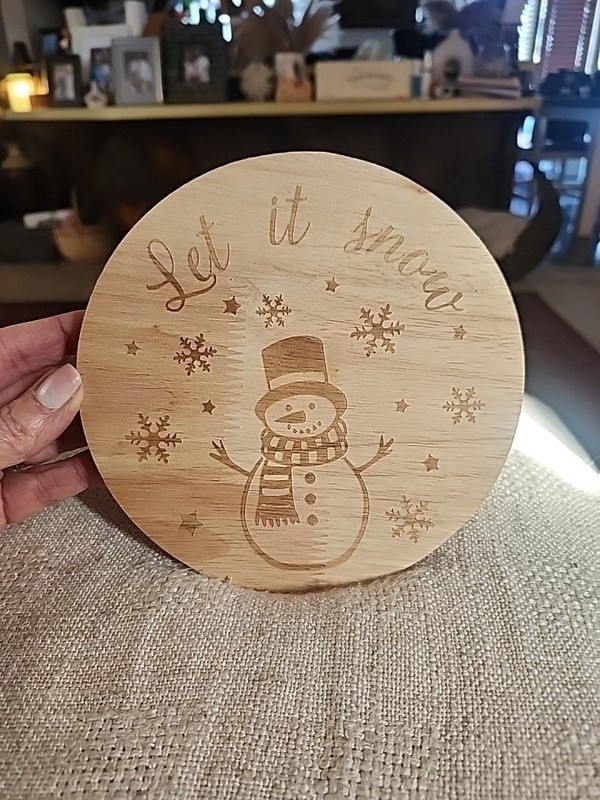 7 Inch Wooden Cake Stand With The Phrase "Let It Snow" With Snowman And Flakes gallery