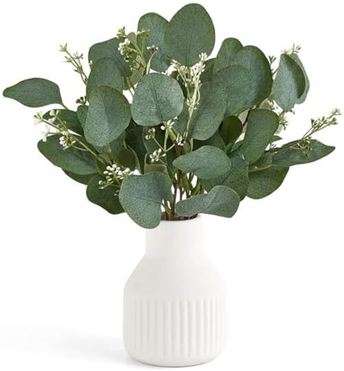 Artificial Eucalyptus Stems in Ceramic Vase Centerpiece Table Small White