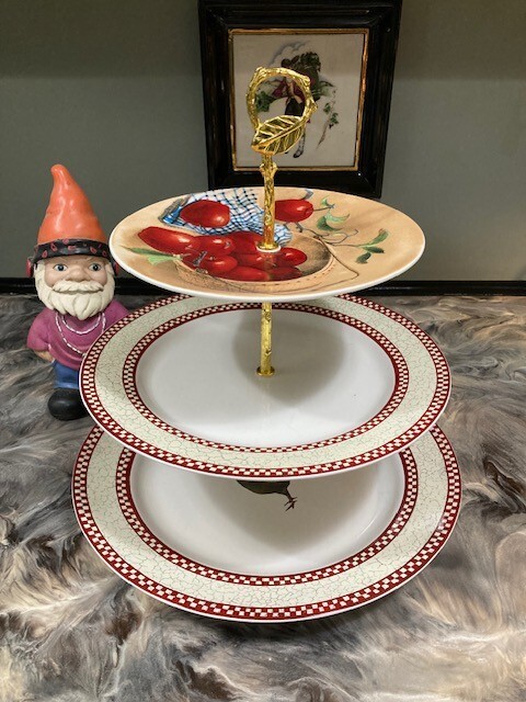 CUSTOM 3 TIER CAKE, DESSERT, FRUIT, UPCYCLED DISPLAY SERVEWARE PARTY PLATE STAND