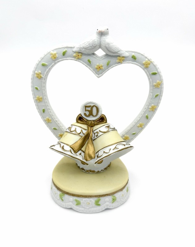 Vintage Lefton Cake Topper Doves Heart Bells Figurine Ceramic 50th Anniversary