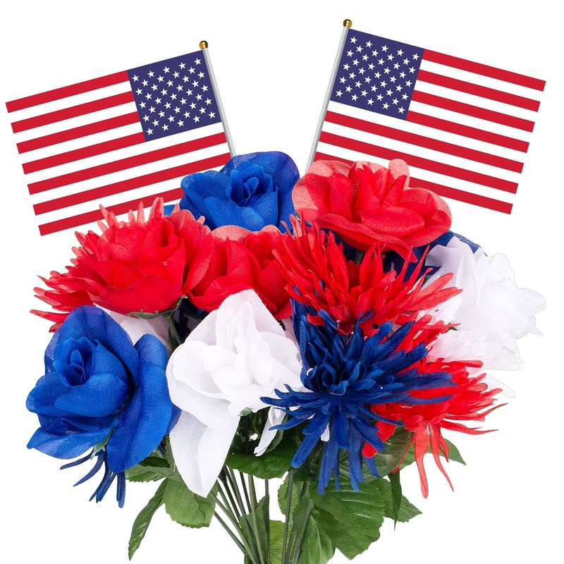ZAUGONTW 12 Stems Patriotic Memorial Bouquet Artificial 'Red, Blue, White'