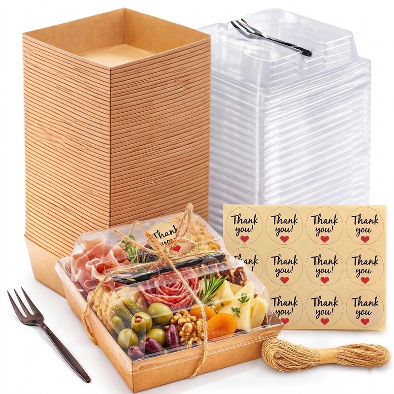 50 Pack Small Individual Charcuterie Boxes with Clear Lids and Forks – To Go …