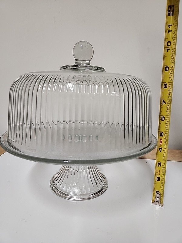 Vintage Dome Covered Pedestal Cake Plate Heavy Ribbed Glass gallery