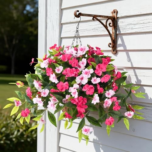 Artificial Fake Hanging Flowers Plants Basket for Outdoors 3psc Rose Pink