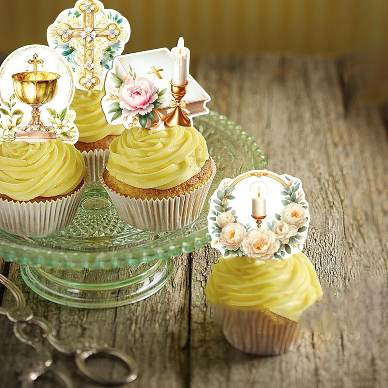 48 PCS Edible First Holy Communion Cupcake Toppers Wafer Paper Dove Cross God Bl gallery