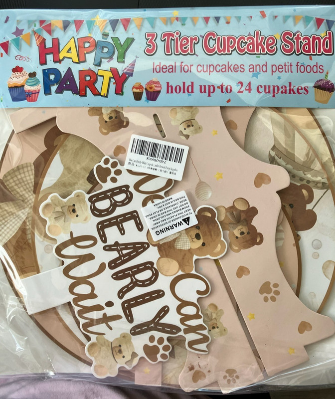 Happy Party 3 Tier Cupcake Stand, holds 24 cupcakes, “We Can Bearly Wait”