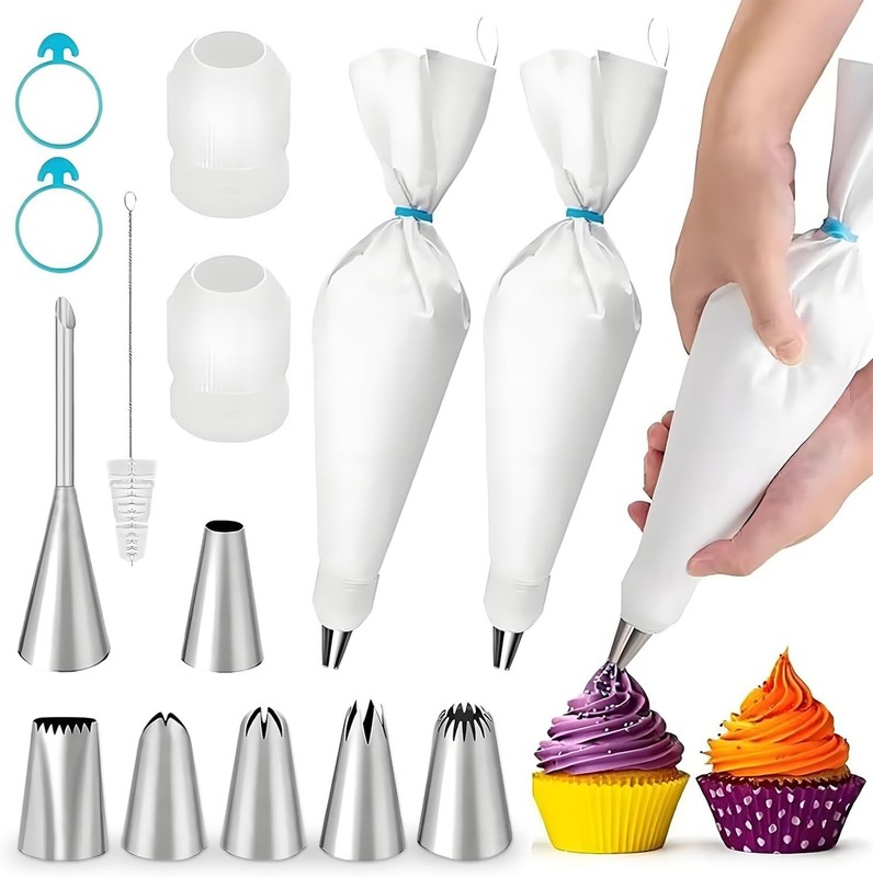 Piping Bags and Tips Set – 2 Reusable Piping Bags, 7 Piping Tips, Couplers &