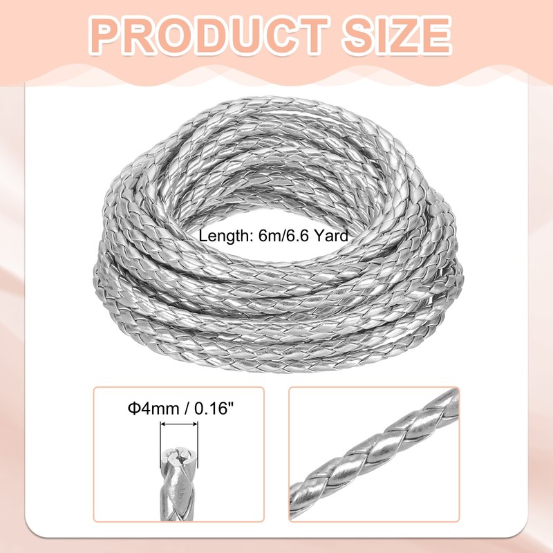 Braided Leather Cords, 6.6 Yard Strap with Cord Lock, 4mm Dia, Silver gallery