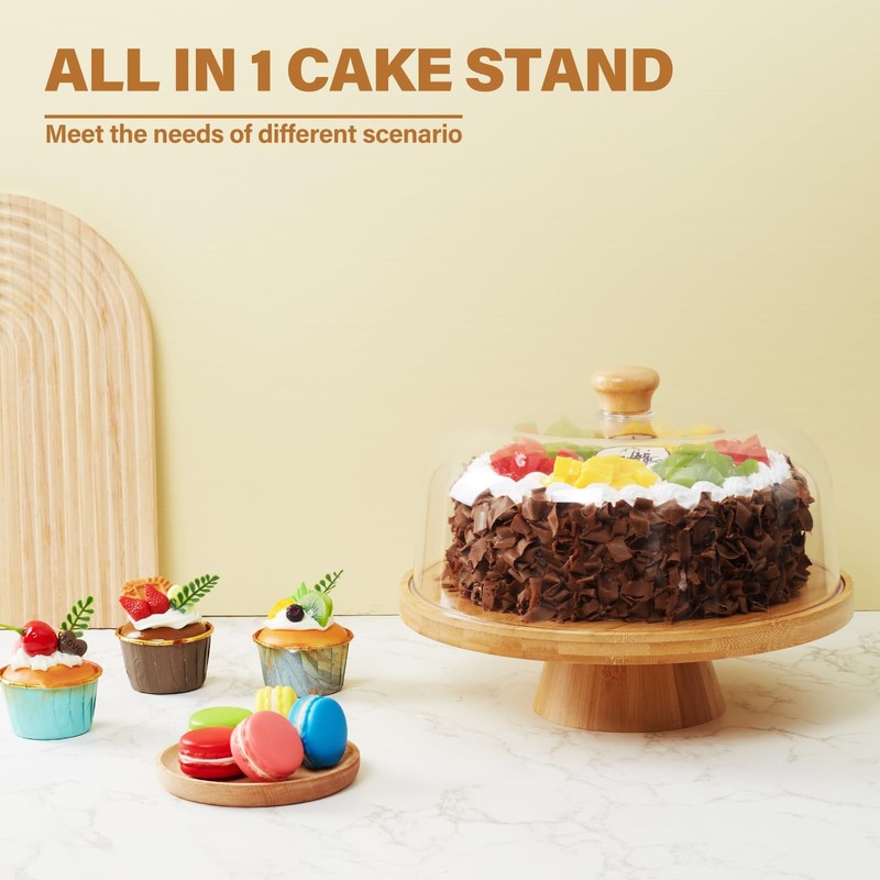 Bamboo Cake Stand with Lid, 6-in-1 Multifunctional Cake Plate, Cake Holder, S... gallery