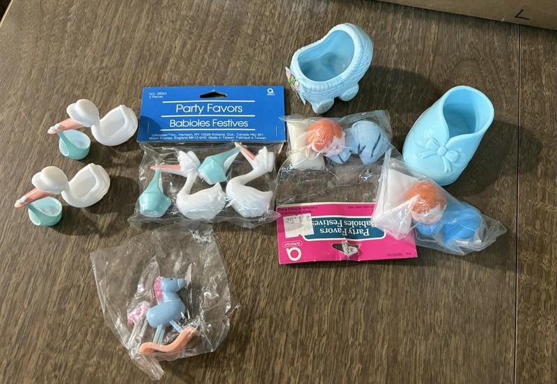 Vintage Baby Boy Cake Toppers Amscan New Lot Of 9 Storks Baby Shoe Carriage
