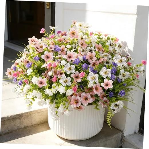 Fake Flowers for Outdoor UV Resistant 24 pcs Pink ＆ White （with Green Ferns）