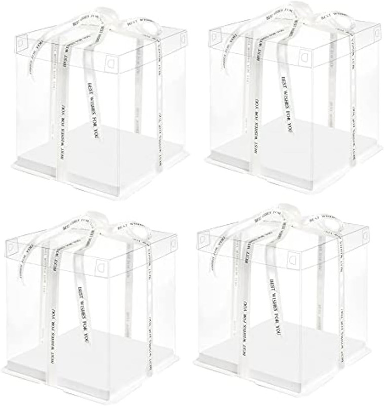 Clear Cake Box,4 Pcs Transparent Cake Box with Ribbon for Pastries10″ X 10″ X 9″