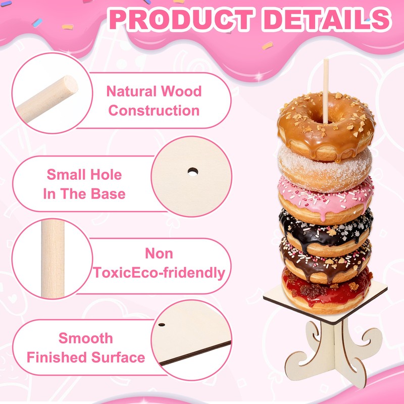 4 Pcs Wood Donut Stands Rounded Square with Bracket for Dessert Table, Natural gallery