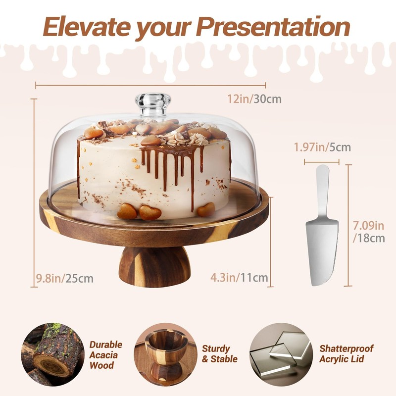 12 Inch 2-in-1 Acacia Wood Cake Stand with Lid Acrylic Dome Cake Cover gallery
