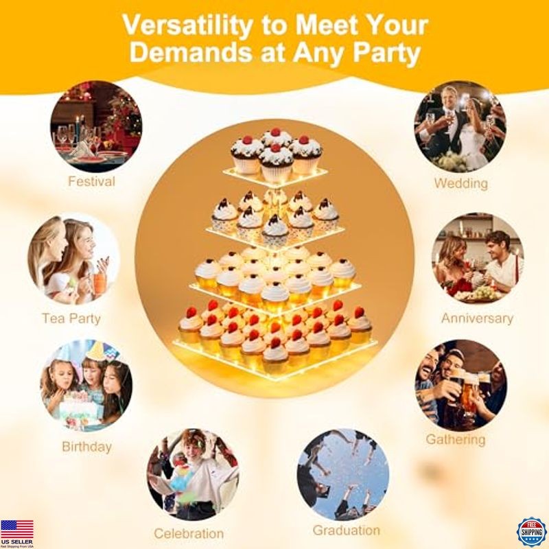 4 Tier Acrylic Cupcake Stand with LED Light - Dessert Display for Parties & gallery