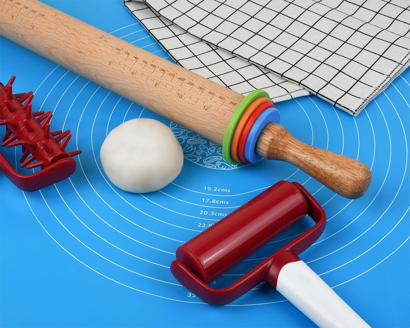 Victhur Rolling Pin with 4 Adjustable Thickness Rings and Long Medium, Brown gallery