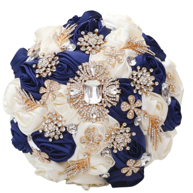 Gkvszy Navy Blue And Ivory Wedding Bridal Bouquet Handmade Luxury Gold
