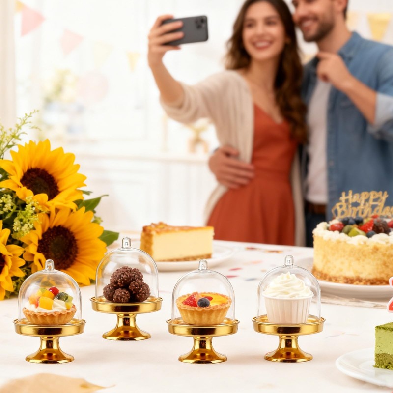 36 PCS 3X2 Inch Mini Cake Stand with Dome Lid Gold Cupcake Stand with Dome Pl... gallery